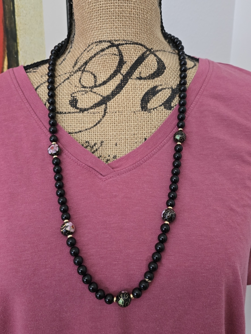 Black onyx overhead bead necklace with 14k And Cloisonné beads. 31" EUC